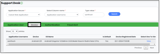 Support Desk screen Displaying Device Tab- CyLock